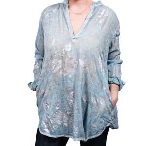Dolma Tunic Top Blue Metallic Floral Cotton Long Sleeves MED Boho Laganlook